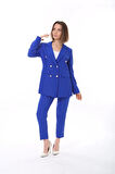 Kadın Düğmeli Blazer Ceket Kemerli Pantolon Dokuma Atlas Kumaş Takım Elbise