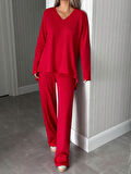 Kadın Uzun Kollu Yüksek Bel V Yaka Kırmızı İkili Takım