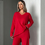 Kadın Uzun Kollu Yüksek Bel V Yaka Kırmızı İkili Takım