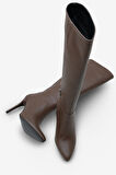 Kadın Sivri Burunlu Topuklu Yandan Fermuarlı Günlük Çizme Masi Kahve
