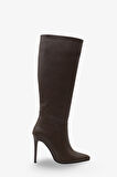 Kadın Sivri Burunlu Topuklu Yandan Fermuarlı Günlük Çizme Masi Kahve
