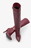 Kadın Gold Tokalı Yandan Fermuarlı Topuklu Çizme Tetvey Bordo