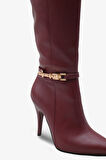 Kadın Gold Tokalı Yandan Fermuarlı Topuklu Çizme Tetvey Bordo