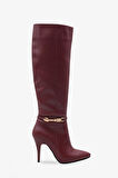 Kadın Gold Tokalı Yandan Fermuarlı Topuklu Çizme Tetvey Bordo