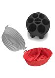 3+1 Silikon Airfryer Pişirme Kalıbı Seti; Gri Yonca+Kırmızı Bölmeli+Siyah Muffin+Yağ Sprey