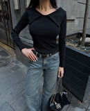 Kelebek yaka uzun kol bluz siyah