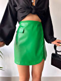 Cep detaylı oval kapaklı deri etek yeşil h240048