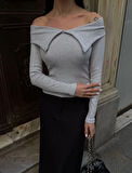 Kelebek yaka uzun kol bluz Gri