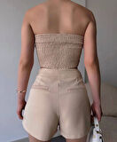 Arkadan büzgülü esnek büstiyer bej