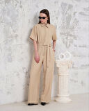 Kuşaklı gömlek yaka salaş tulum bej s255822