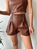 Çift fermuarlı deri şort kahve h24394