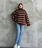 Çizgili ispanyol kol triko boğazlı kahve beyaz elf