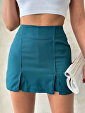 Çift yırtmaçlı atlas şort etek petrol yeşili s240364