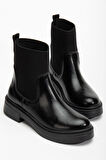 Kadın Kalın Taban Siyah Elastik Yan Bantlı Günlük Bot 