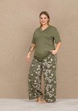 LAdy Pijama Kısa Kollu Büyük Beden Viskon Kumaş Haki Pijama Takımı