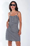 Yazlık Ayarlanabilir İp Askılı Yumuşak Dokuma Kumaş Siyah-Beyaz Mini Elbise