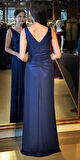 Lacivert Kalın Askı V Yaka Anvelop  Yırtmaçlı Düz Kesim Simli Uzun Abiye Elbise 11074