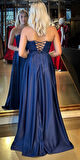 Lacivert Straplez Yaka  Sırt Dekolteli Kloş Etekli Saten Uzun Abiye Elbise 11088