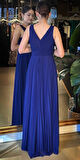 Gece Mavisi V Yaka Kalın Askı Kloş Etekli  Şifon Uzun Abiye Elbise 11098-07