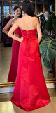 Kırmızı Straplez Yaka Sırt Dekolteli Yırtmaçlı Düz Kesim  Saten Uzun Abiye Elbise 11102-03