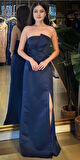 Lacivert Straplez Yaka Sırt Dekolteli Yırtmaçlı Düz Kesim  Saten Uzun Abiye Elbise 11102-04