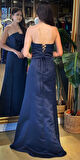 Lacivert Straplez Yaka Sırt Dekolteli Yırtmaçlı Düz Kesim  Saten Uzun Abiye Elbise 11102-04