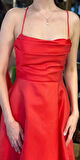 Kırmızı Degaje Yaka İp Askılı  Sırt Dekolteli Kloş Etekli  Saten Uzun Abiye Elbise 11104-03