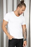 Erkek Beyaz V Yaka Düz Tişört