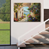 Harita Sepeti Deniz Yakınında Ev, Renkli Çiçekler, Deniz Manzaralı Kanvas Duvar Tablosu-1111