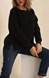 Siyah - Yırtmaçlı Şardonlu Sweatshirt