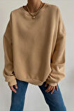 Bej - Bisiklet Yaka Basic Sweatshirt