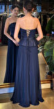Lacivert Straplez Yaka Sırt Dekolteli  Kloş Etekli  Şifon Uzun Abiye Elbise 11140-01