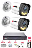FURY 2 Kameralı 4 Warm Led Gece Renkli Görüş-Cepten İzle-Su Geçirmez Güvenlik Kamerası Seti 250GB