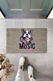 Dijital Baskı Gri Music Yazılı Kulaklıklı Köpek Dekoratif Kapı Paspası K-2043