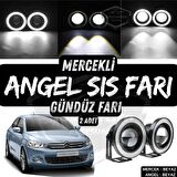 Citroen C Elysee 2012-2023 Uyumlu Üniversal Mercekli Angel Sis Farı Metal Su Geçirmez 76 mm Beyaz Halkalı Gündüz Farı Angel Eyes 2 Adet