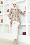 Etnik Desenli Tesettür Takım BRC1313 EKRU