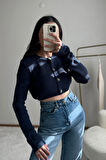 Yumuş Triko Örme Lacivert Crop Hırka