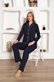 Alimer Boydan Düğmeli Gömlek Yaka Uzun Kol Kadın Pijama Takımı Desenli Pamuk Likra Penye Cepli Alt