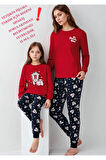 %100 Pamuklu Anne & Kız Çocuk Baskılı Kırmızı İkili Pijama Takımı L1.RP.367.8.002