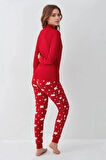 %100 Pamuklu Anne & Kız Çocuk Baskılı Kırmızı İkili Pijama Takımı L1.RP.371.7.002