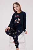 %100 Pamuklu Anne & Kız Çocuk Baskılı Lacivert İkili Pijama Takımı L1.AR.345.0.002