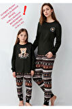 %100 Pamuklu Anne & Kız Çocuk Baskılı Antrasit İkili Pijama Takımı L1.AR.346.1.002