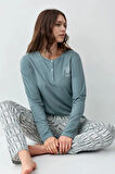 Kadın Giyim %100 Pamuklu Uzun Kol Yeşil Pijama Takımı L1.AR.340.6.001