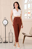 Kadın Arka Bel Kısmı Lastikli Kemer Detaylı Yüksek Bel Cepli Havuç Kumaş Pantolon
