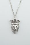 Aslan Kral Kafası - Taçlı Erkek Kadın Kolye Antik Gümüş Kaplama - 60 cm Düz Zincir