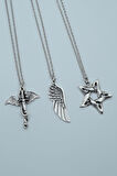 3'lü Ejderha Kılıç Büyük Kanat Pentagram Gümüş Kaplama Kolye Seti