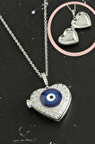 Kalp Nazar Kapaklı Zirkon Taşlı Çelik Kolye