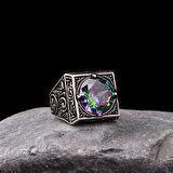 925 AYAR GÜMÜŞ KALEM İŞLEME MOTİFLİ MİSTİK TOPAZ TAŞLI YÜZÜK