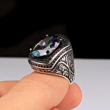 925 AYAR GÜMÜŞ MİSTİK TOPAZ TAŞLI KALEM MOTİFLİ YÜZÜK