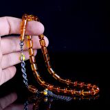 KAPSÜL KESİM ÇAY RENGİ ORJİNAL DAMLA KEHRİBAR TESBİH 925 AYAR GÜMÜŞ PÜSKÜLLÜ